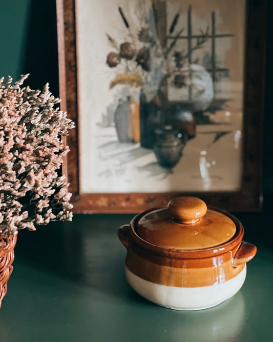 vintage brown and white soup crock