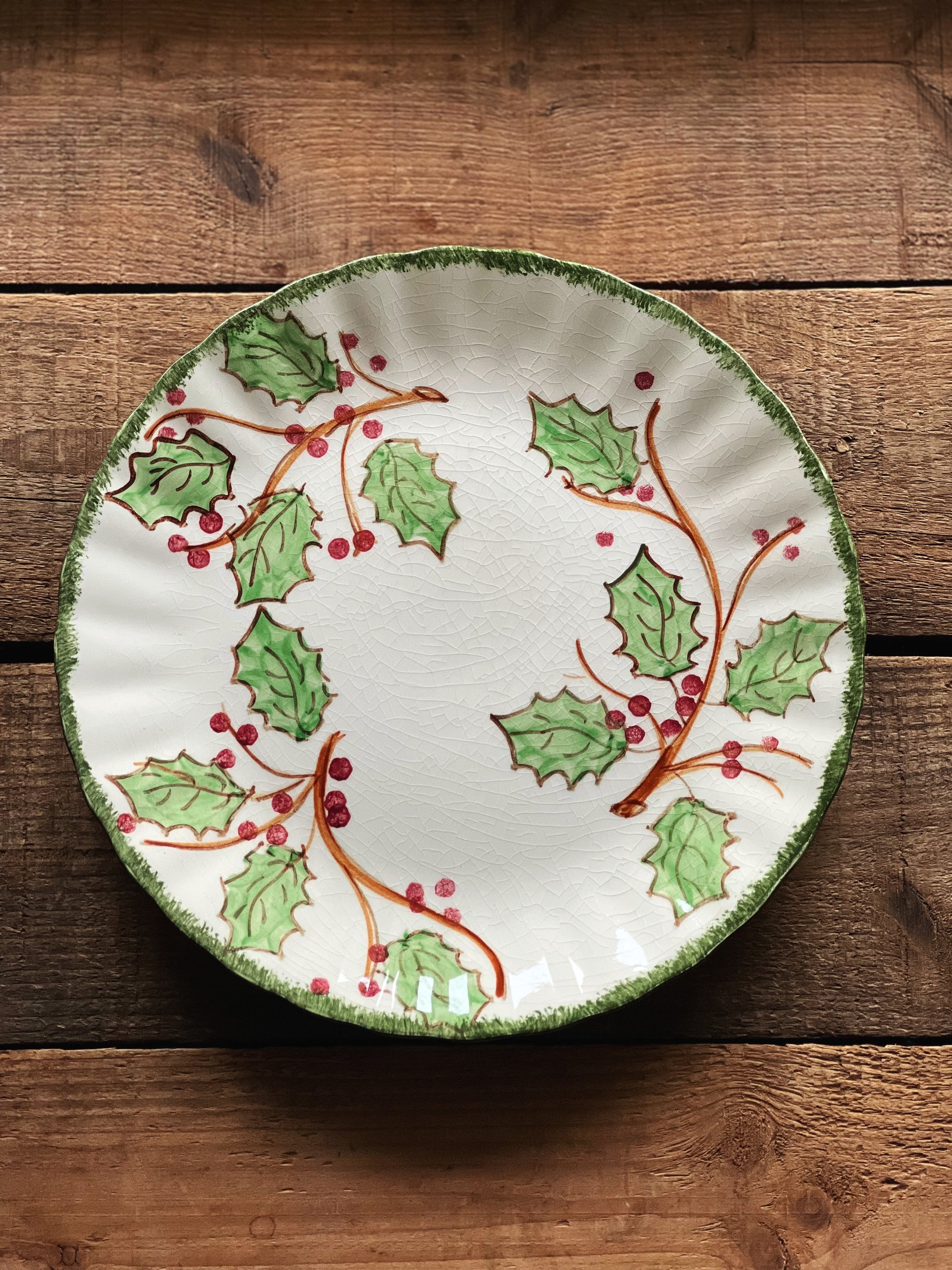 hand painted Christmas salad plate with a holly design