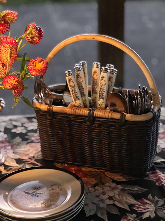 black and bamboo flatware basket