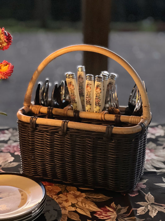 Vintage Black Bamboo Flatware Basket