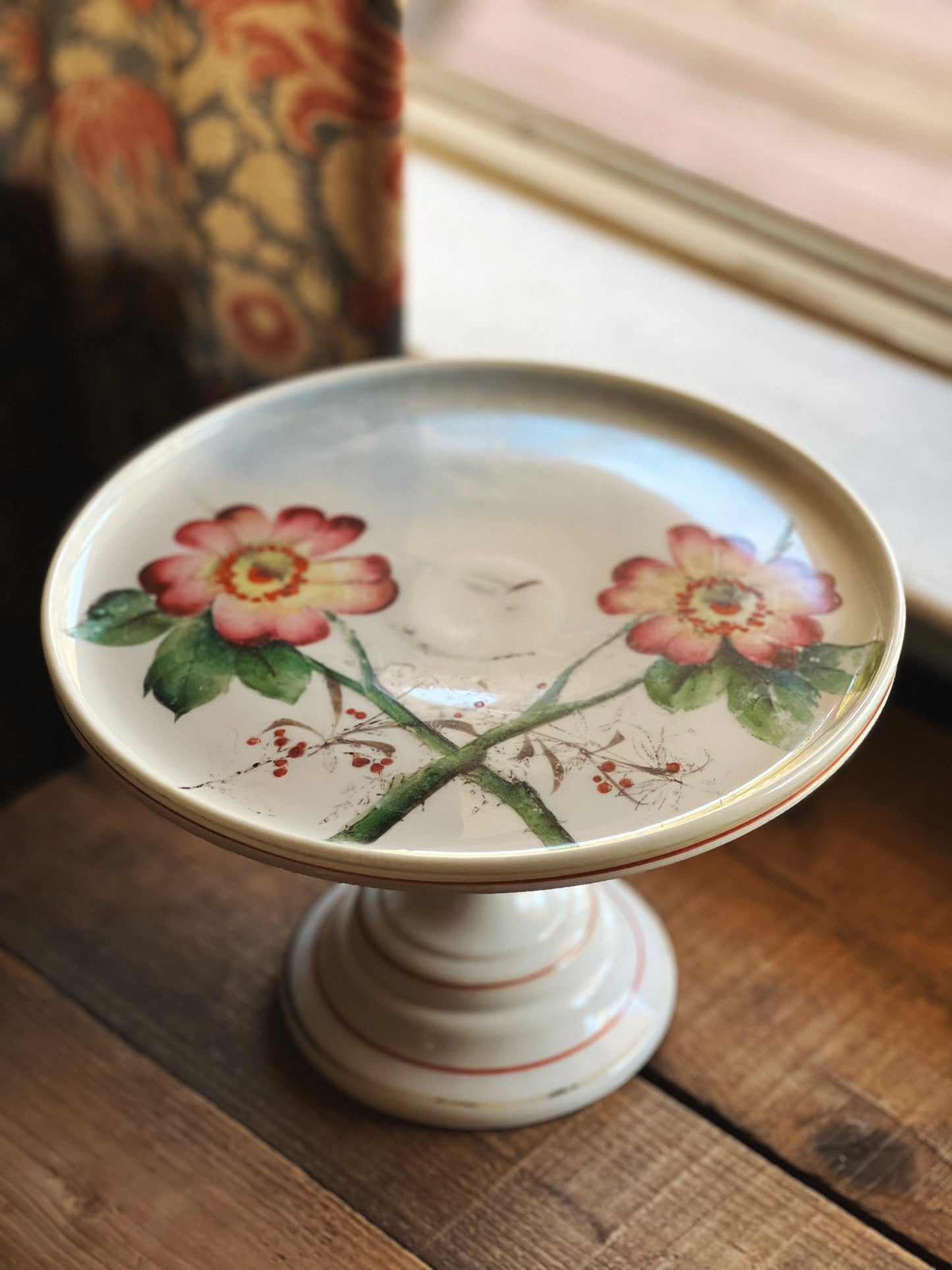 Vintage Hand Painted Milk Glass Cake Stand