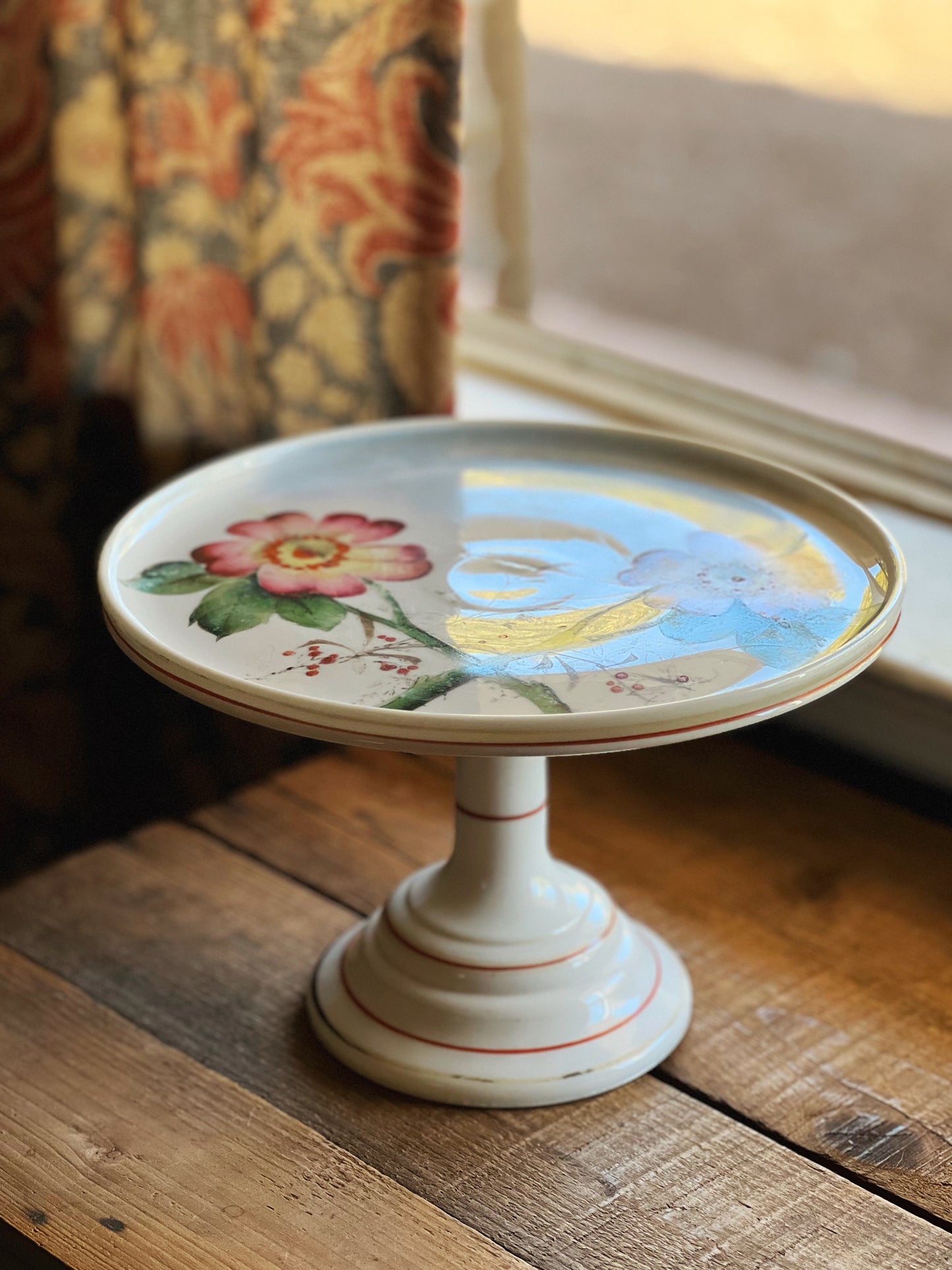 Vintage Hand Painted Milk Glass Cake Stand