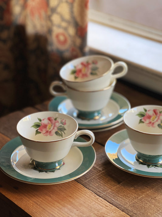 vintage green and pink floral teacup and saucer sets