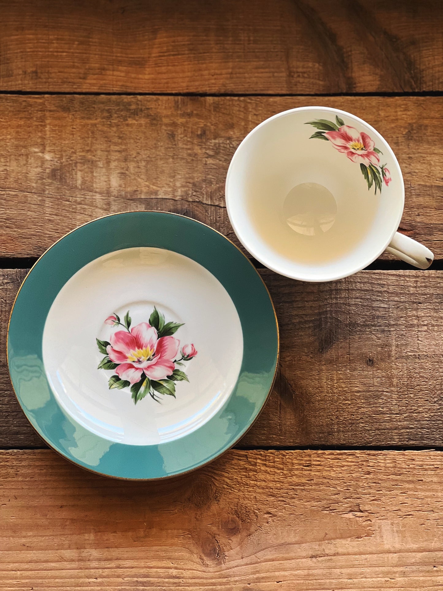 green and pink floral saucer