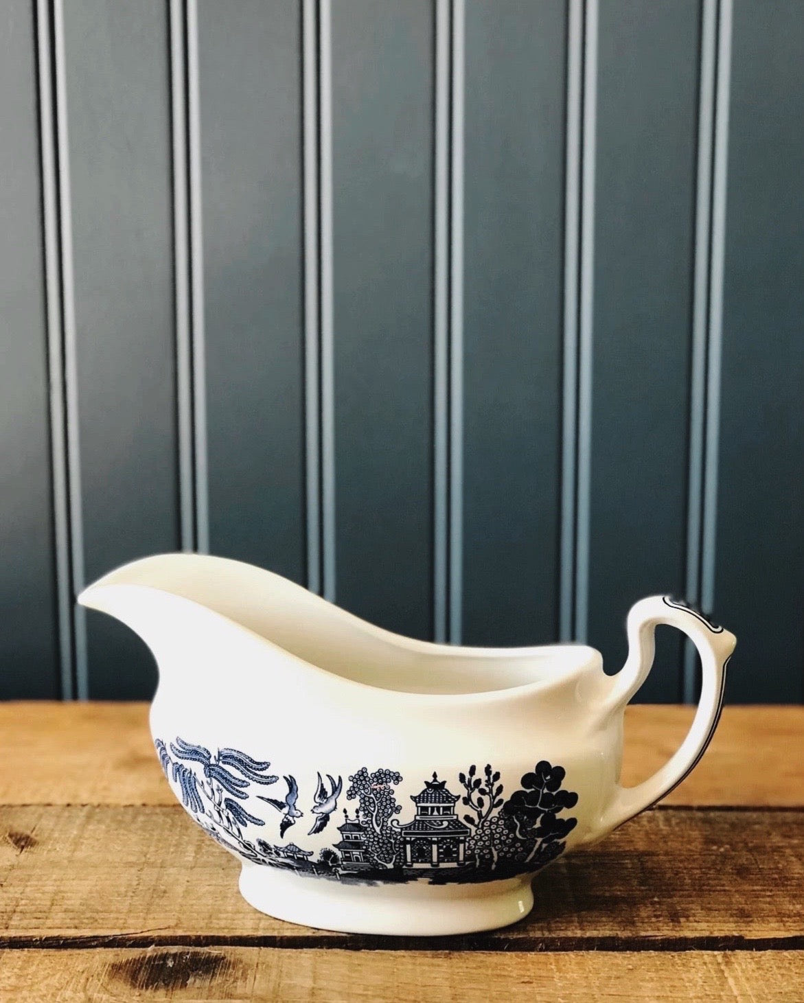 blue transferware gravy boat