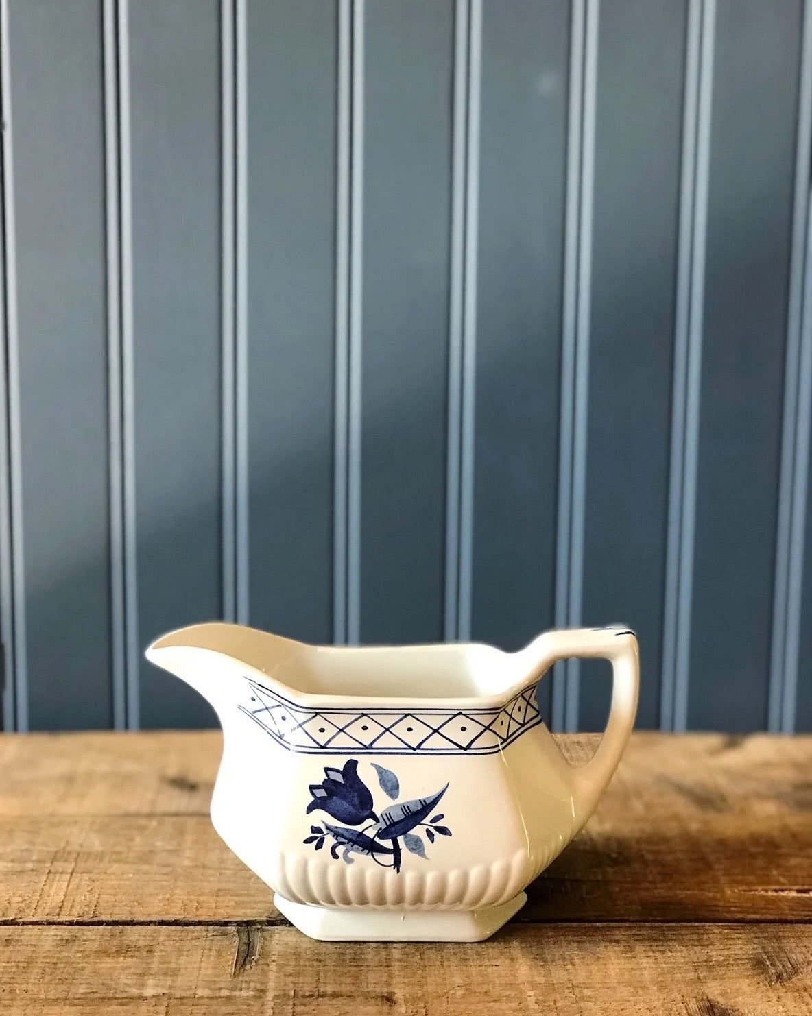 blue transferware gravy boat