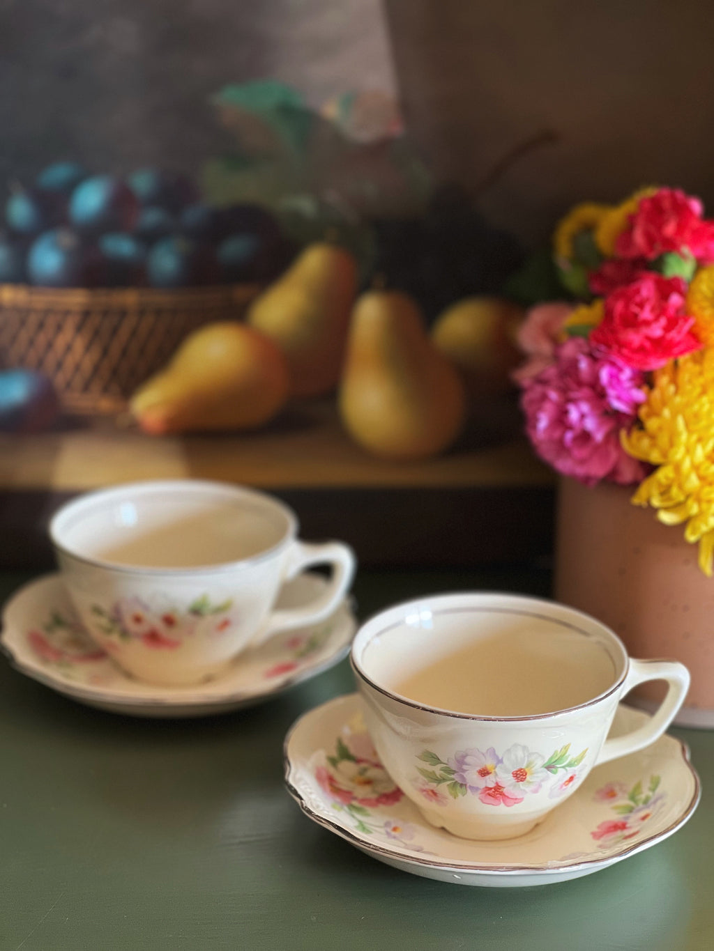 multi color floral teacup and saucer set