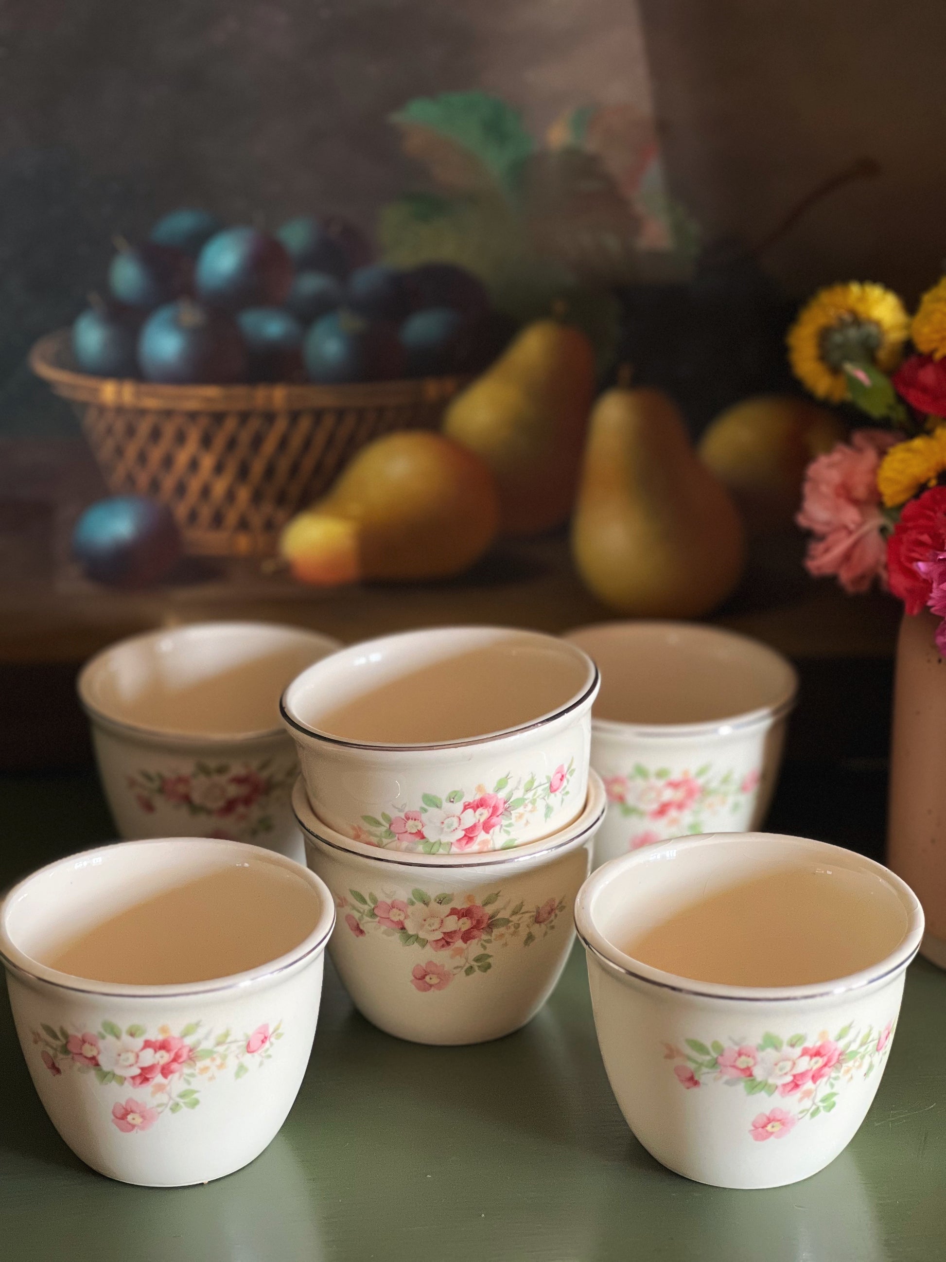 pink floral custard cups with a platinum rim