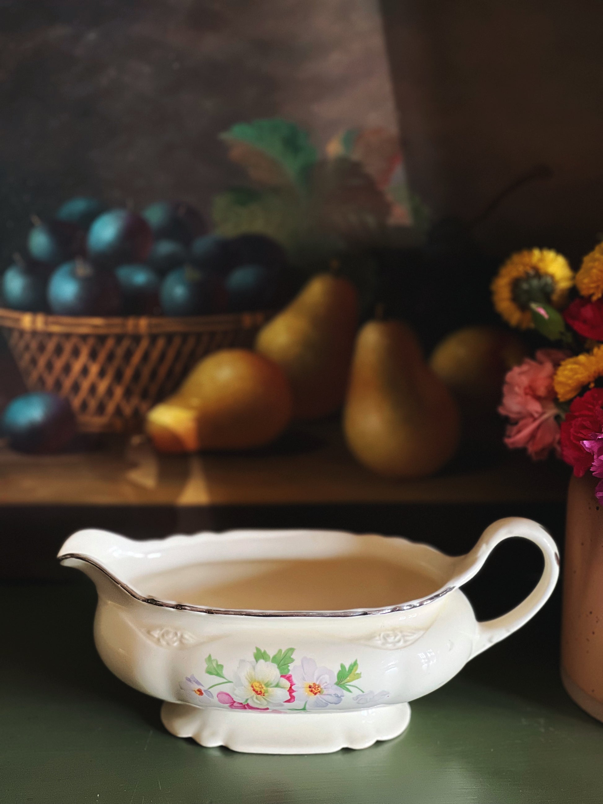 pink, white and green floral gravy boat