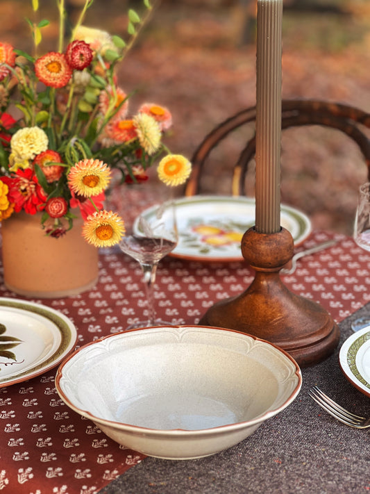 vintage stoneware bowl on a table outside for fall