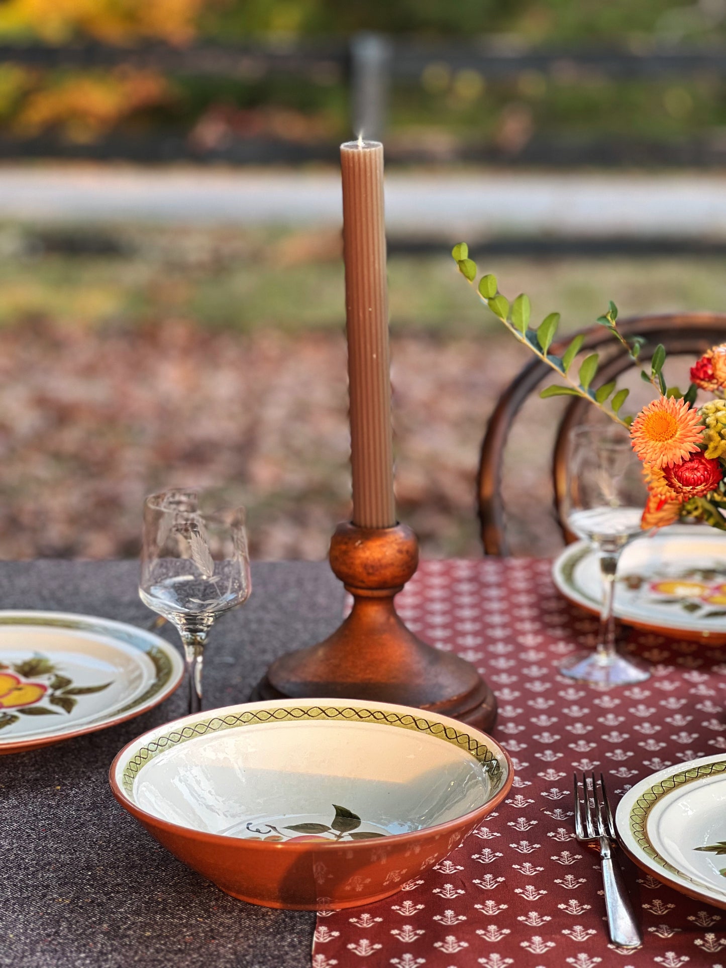 small serving bowl on a table outside in fall