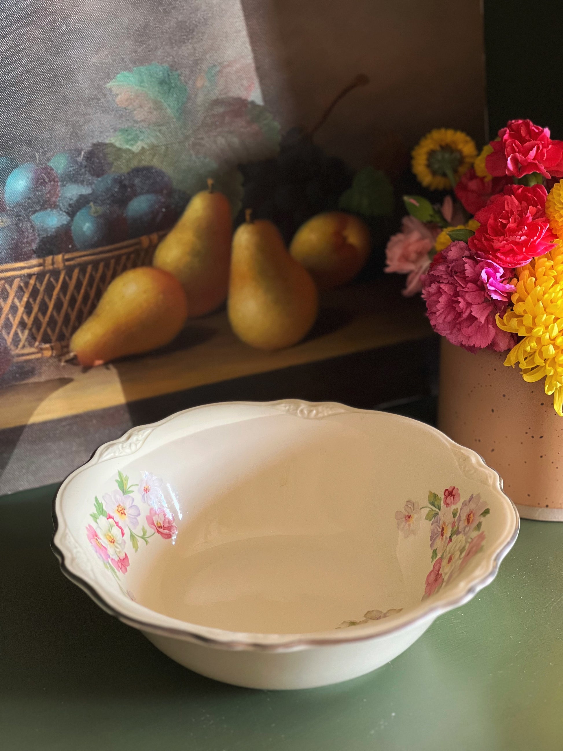 round floral serving bowl on a table