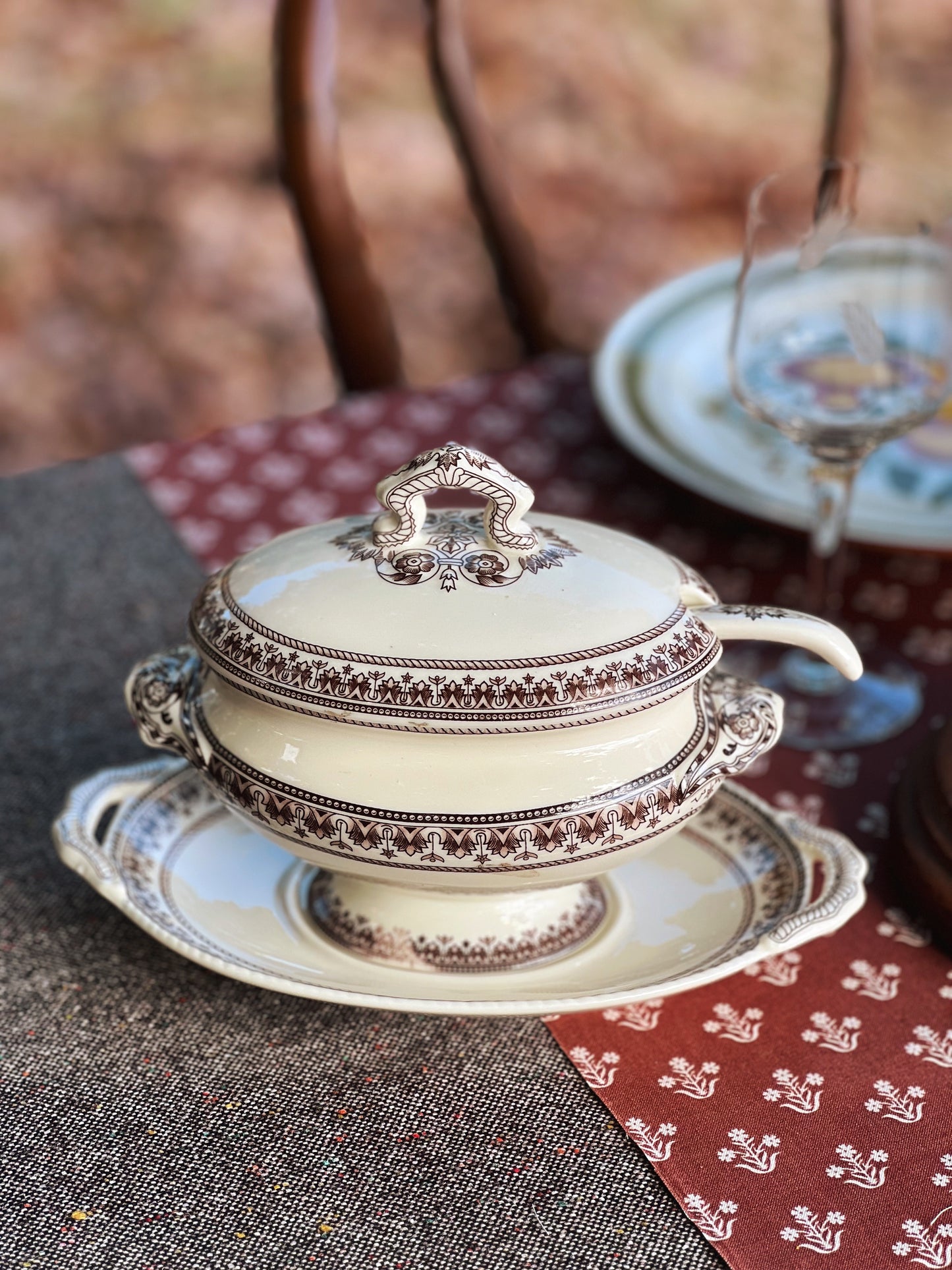 Vintage 4 Piece Transferware Gravy Boat with Under Plate and Ladle