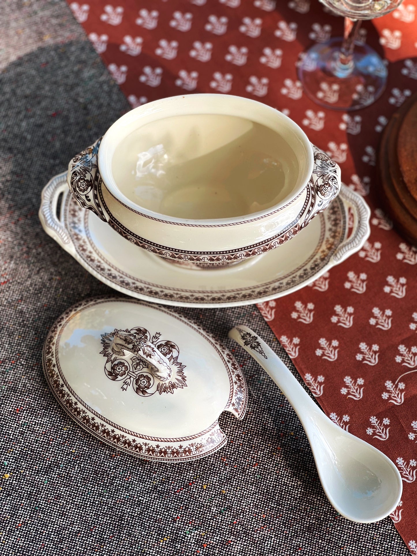 Vintage 4 Piece Transferware Gravy Boat with Under Plate and Ladle