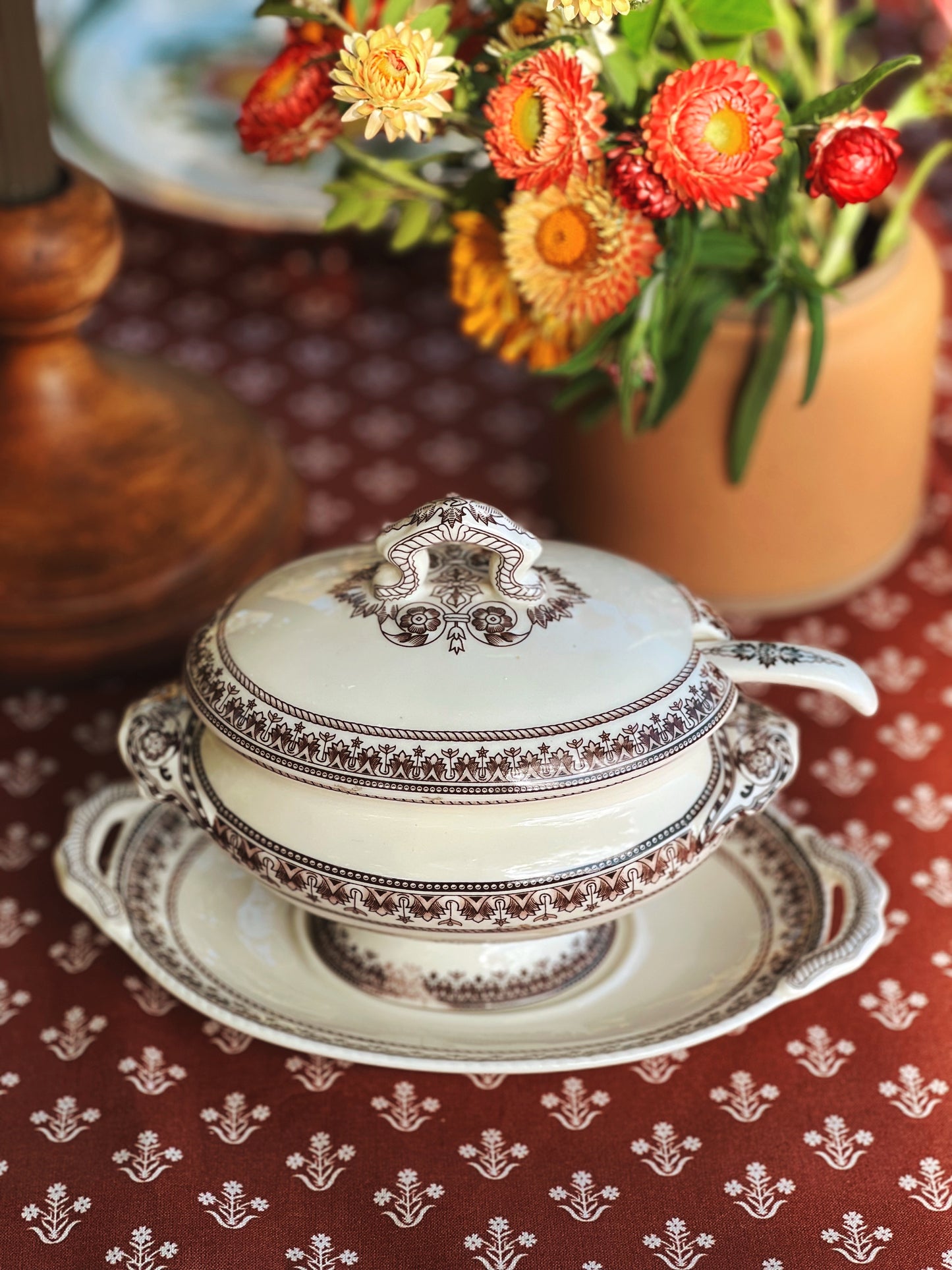 Vintage 4 Piece Transferware Gravy Boat with Under Plate and Ladle