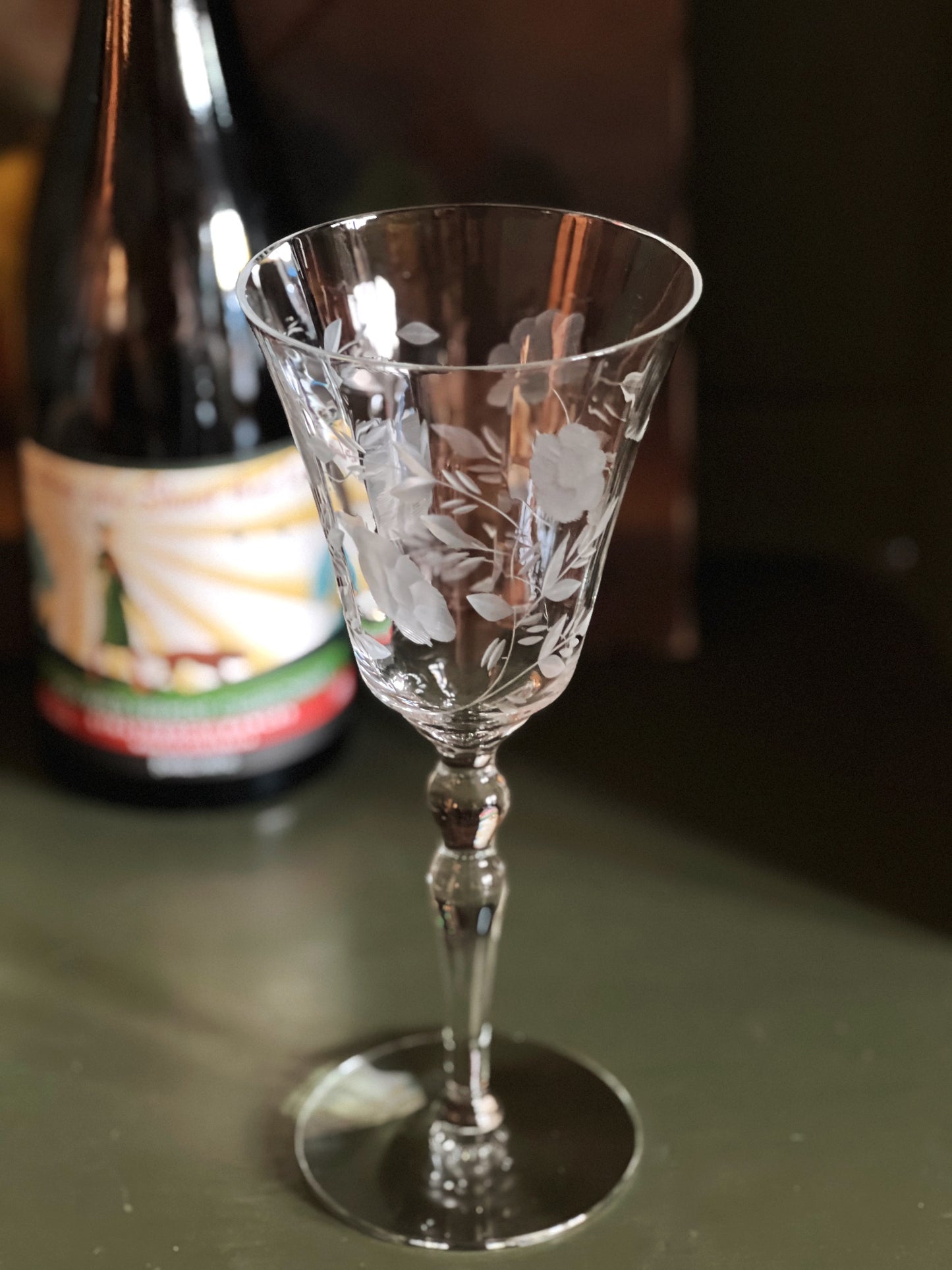 Tall Vintage Etched Wine Glass