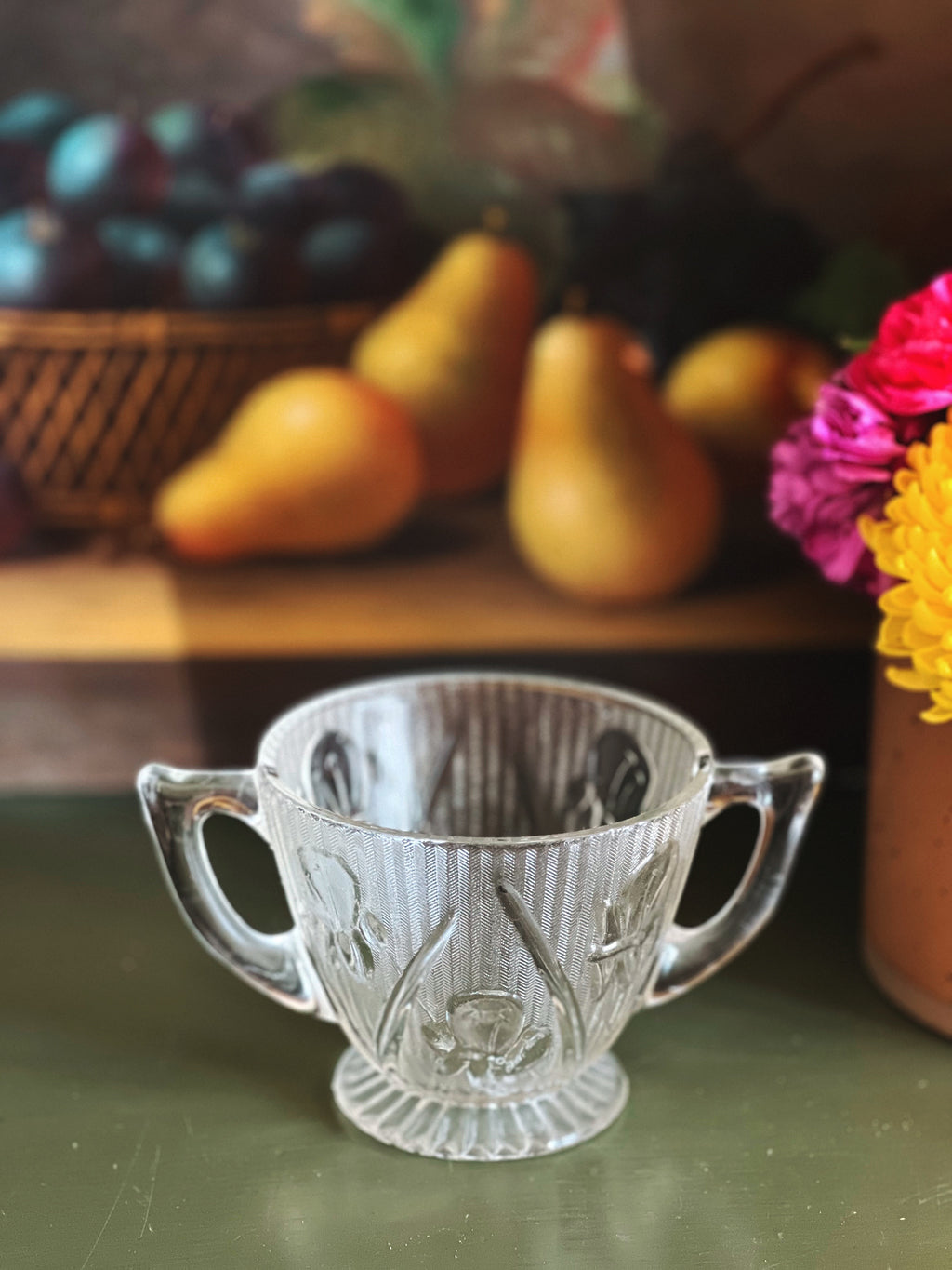 Vintage Jeannette Glass Iris & Herringbone Sugar Bowl with Lid