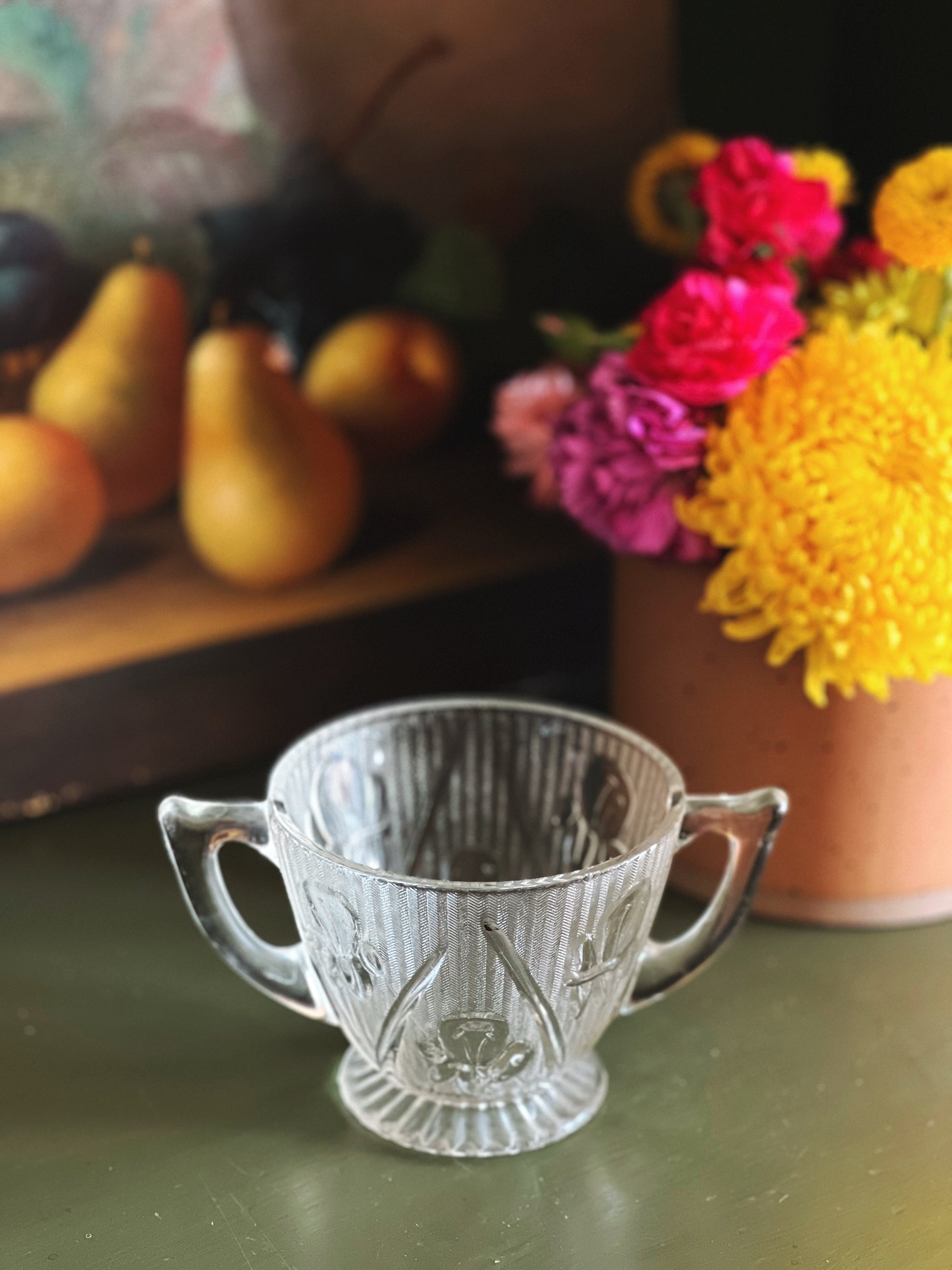 sugar bowl with a frosted floral design
