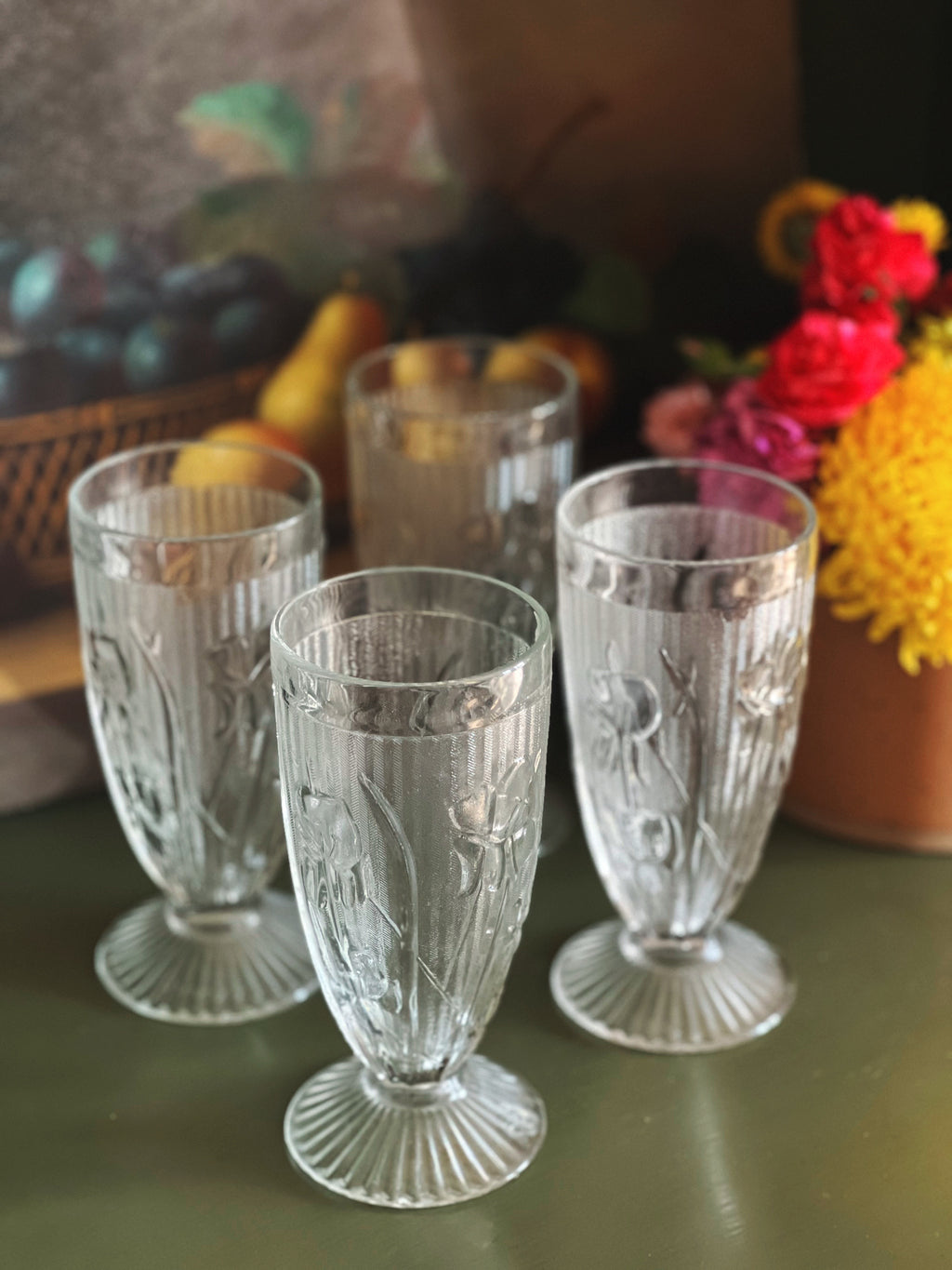 4 frosted floral tea glasses