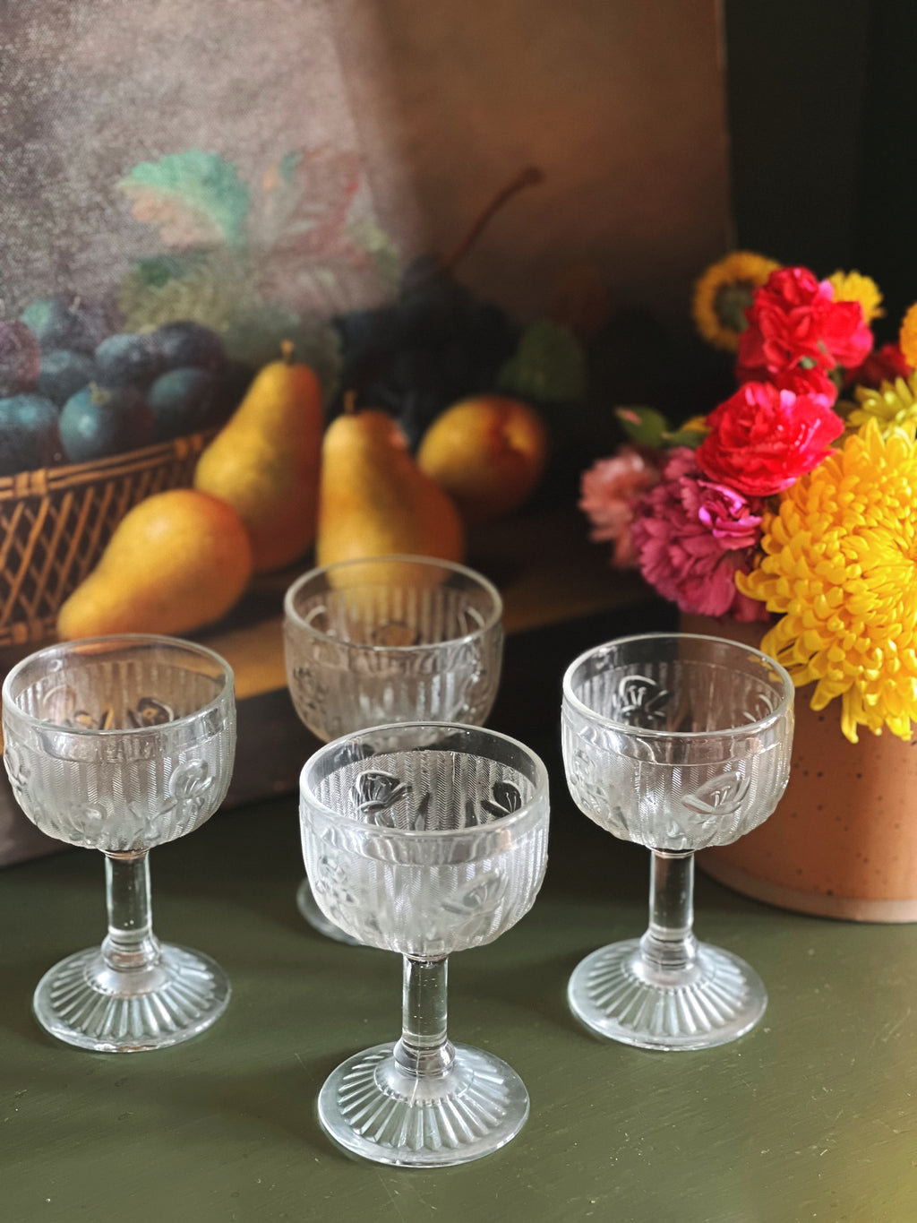liquor cocktail glasses with frosted floral design