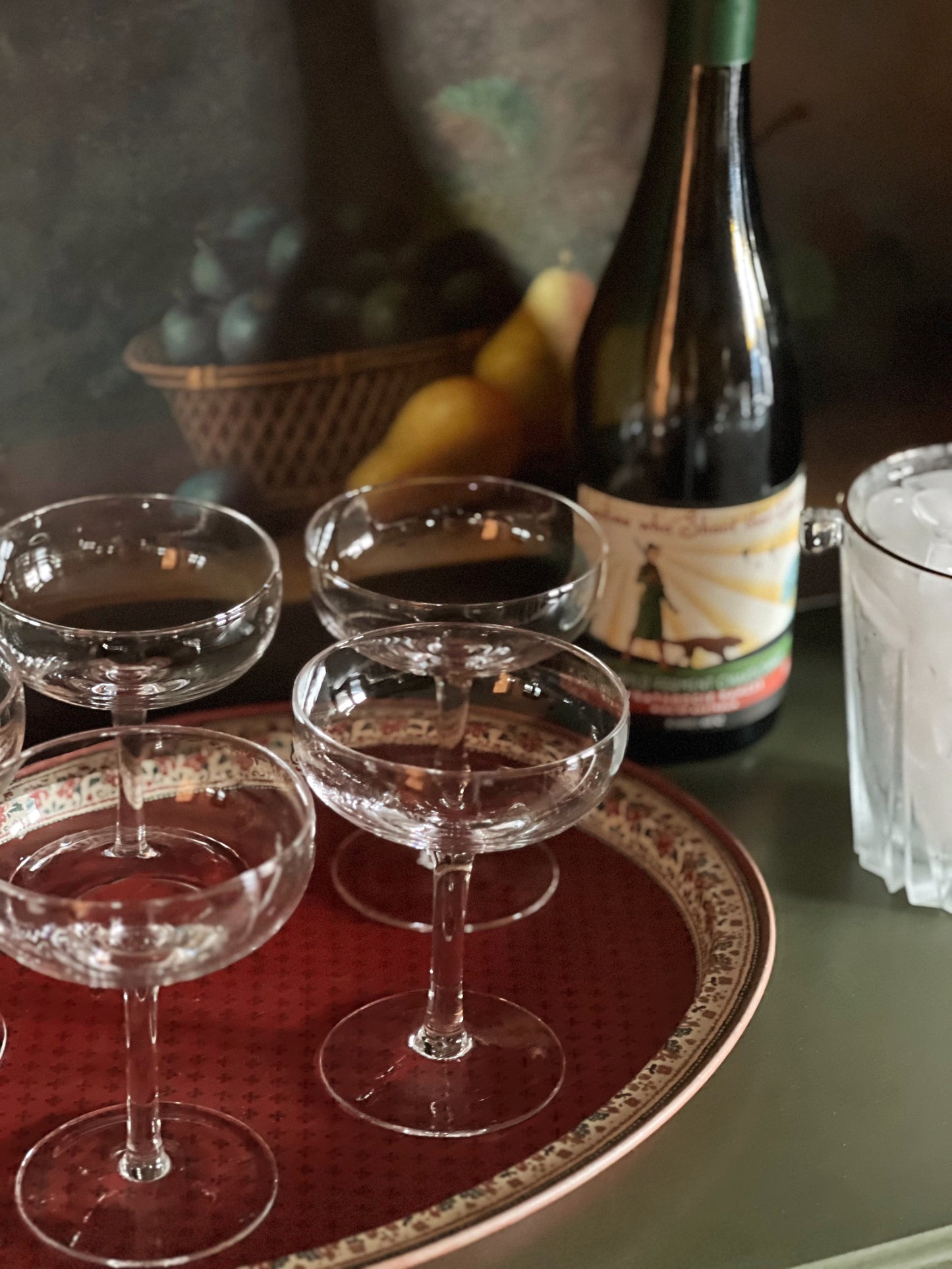 crystal champagne coupes on a tray