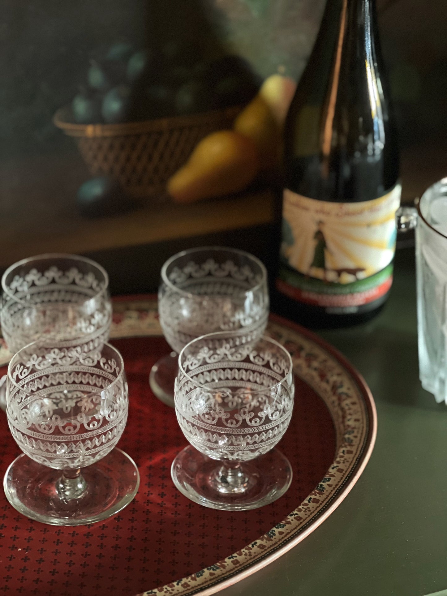 Set of 4 Vintage Etched Crystal Glasses with Attached Bases