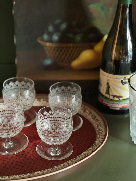 Set of 4 Vintage Etched Crystal Glasses with Attached Bases