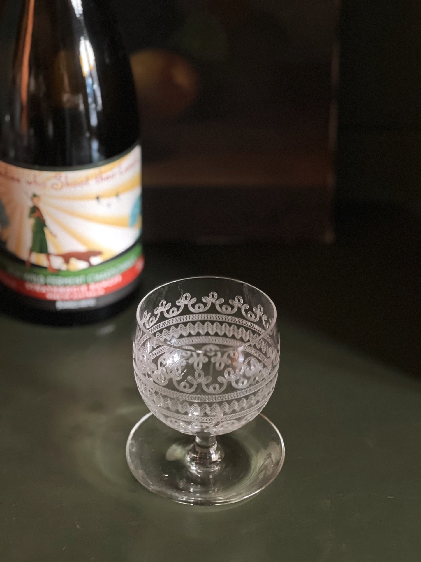 Set of 4 Vintage Etched Crystal Glasses with Attached Bases