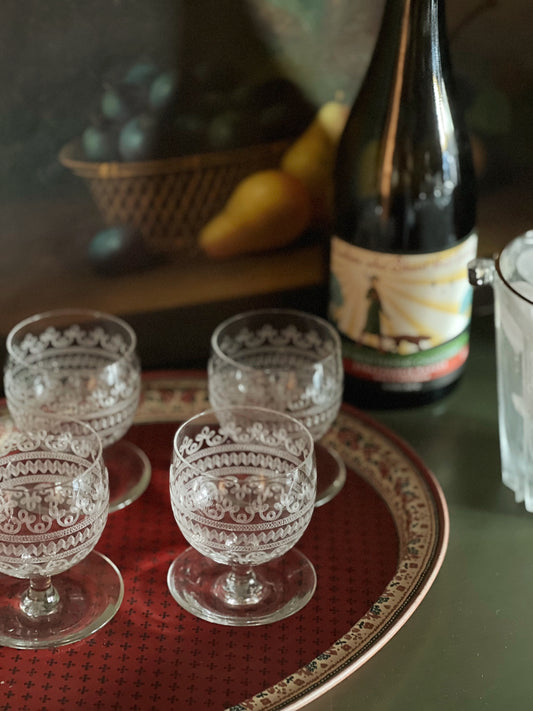 Set of 4 Vintage Etched Crystal Glasses with Attached Bases