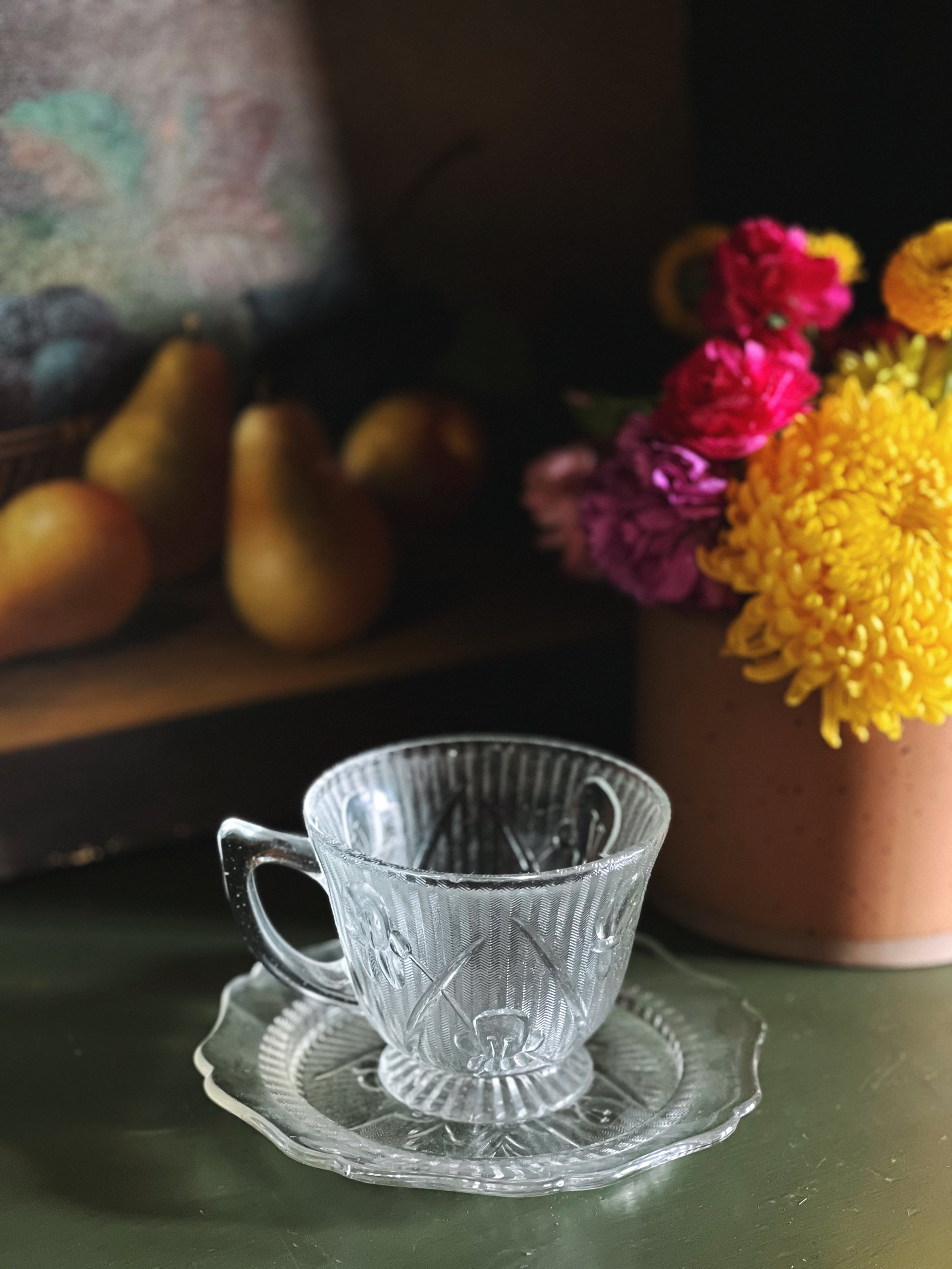 Vintage Jeannette Glass Iris & Herringbone Teacup & Saucer Set