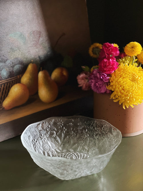 embossed glass floral serving bowl