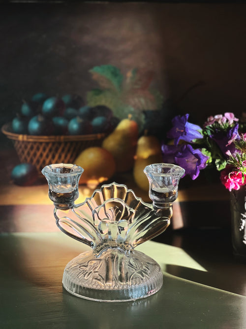 Vintage Jeannette Glass Iris & Herringbone Double Light Candlestick