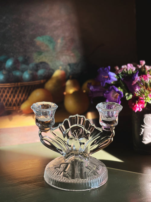 glass two arm candelabra with a frosted floral design