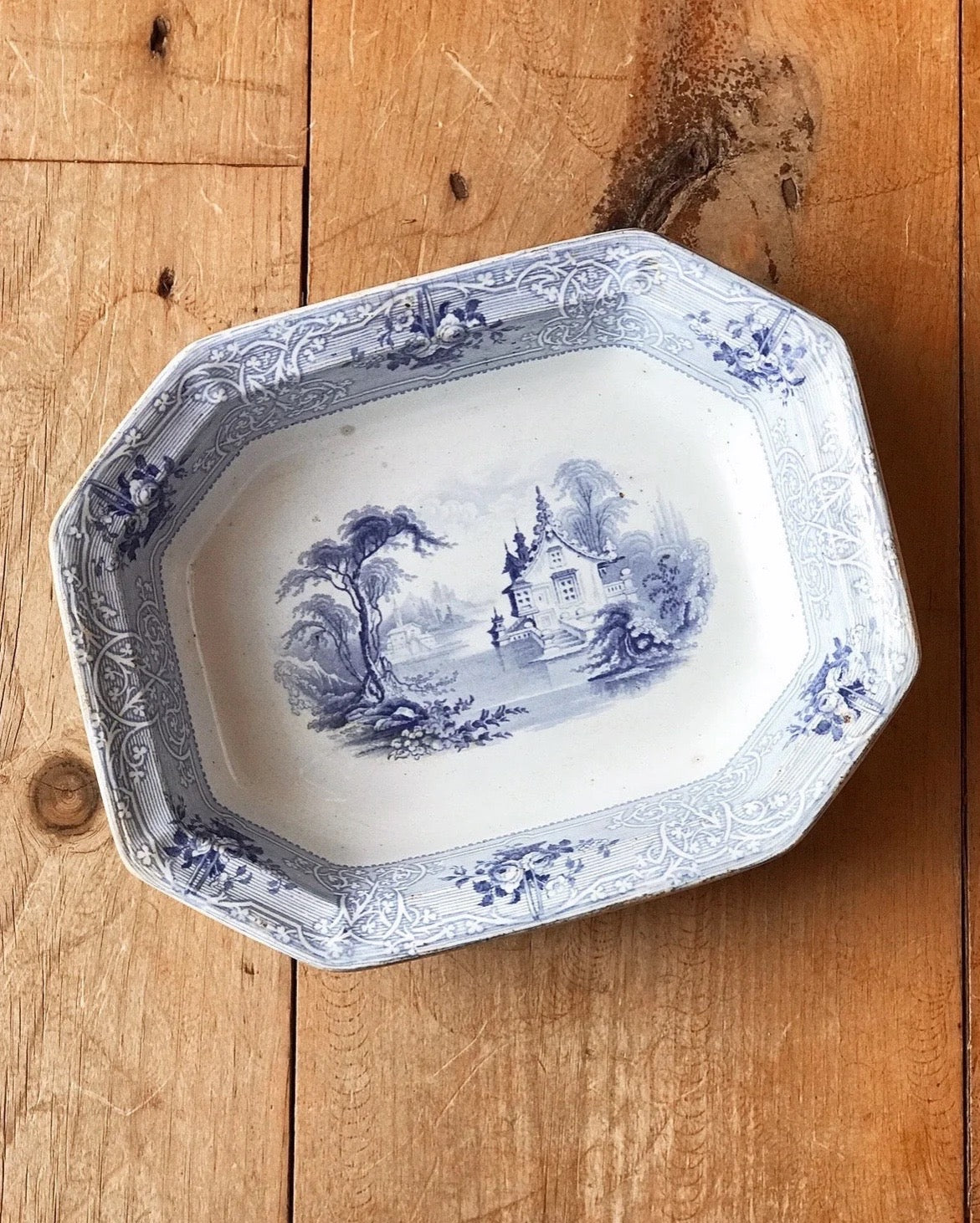 blue transferware serving bowl 