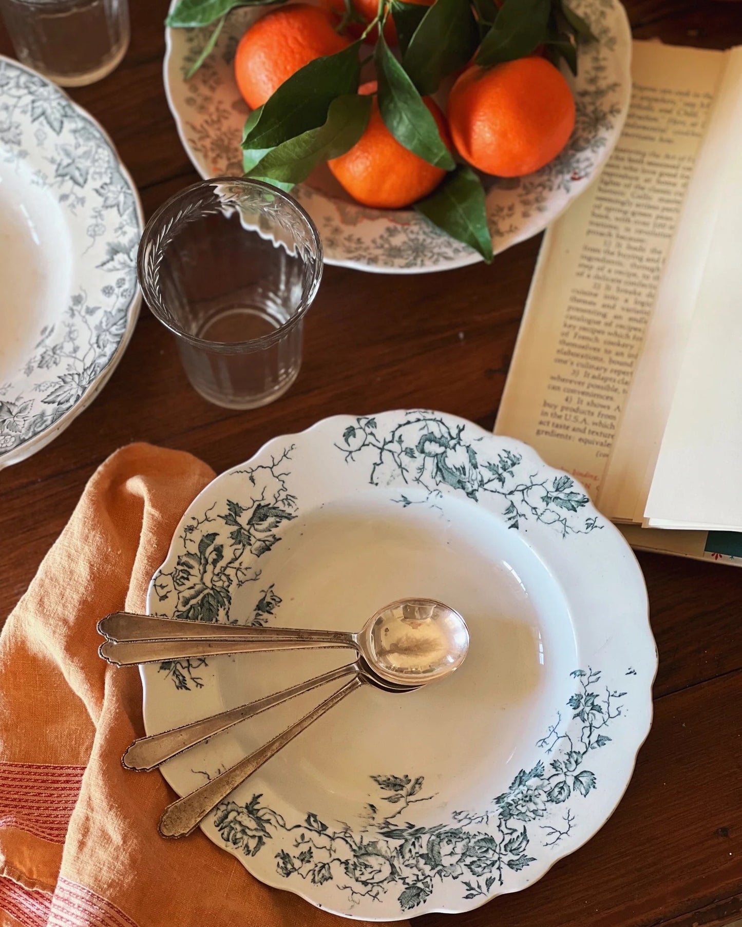 antique blue transferware bowl on a table where food is being prepared