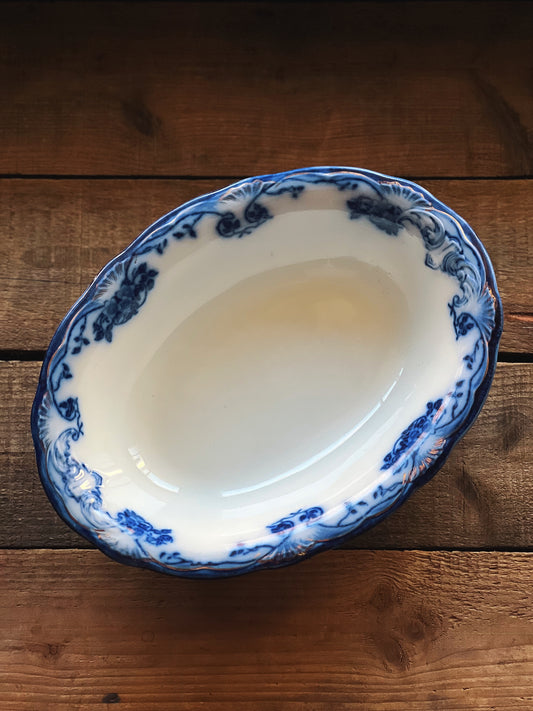 flow blue transferware vegetable bowl