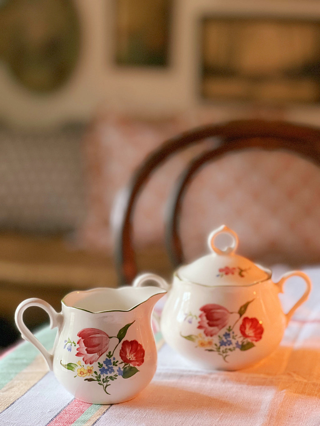 multi color floral creamer and sugar bowl
