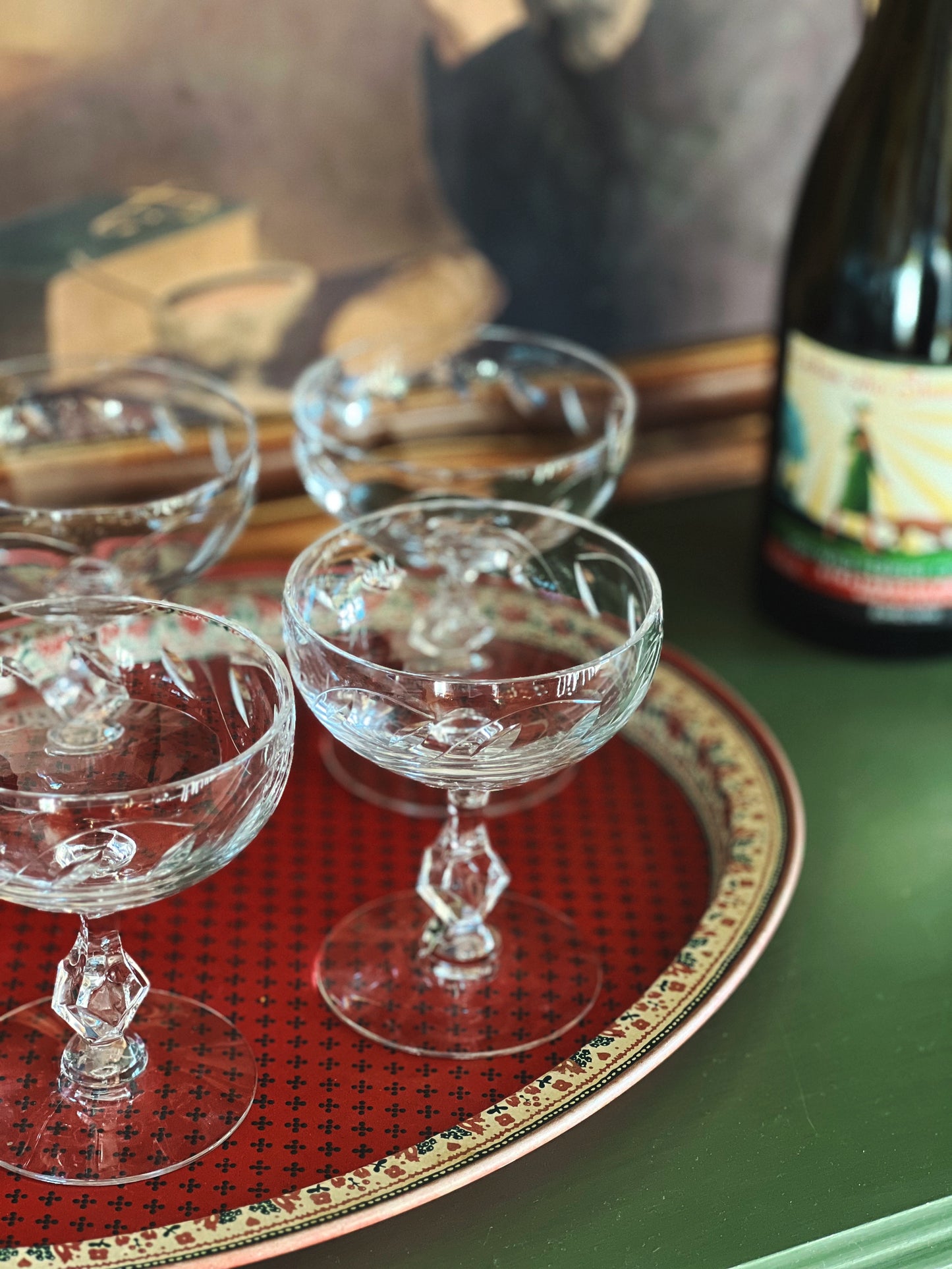 Vintage Etched Crystal Champagne Coupe with Diamond Beveled Stem