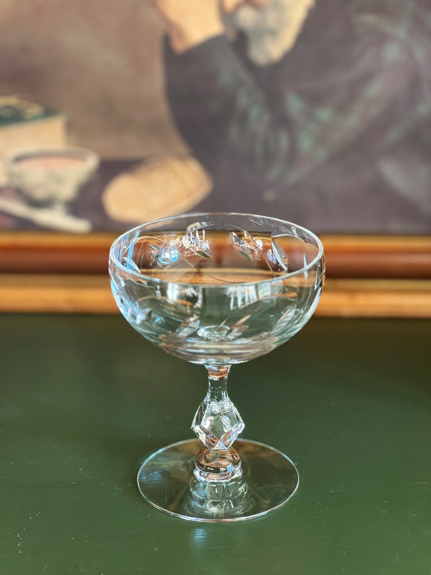 Vintage Etched Crystal Champagne Coupe with Diamond Beveled Stem