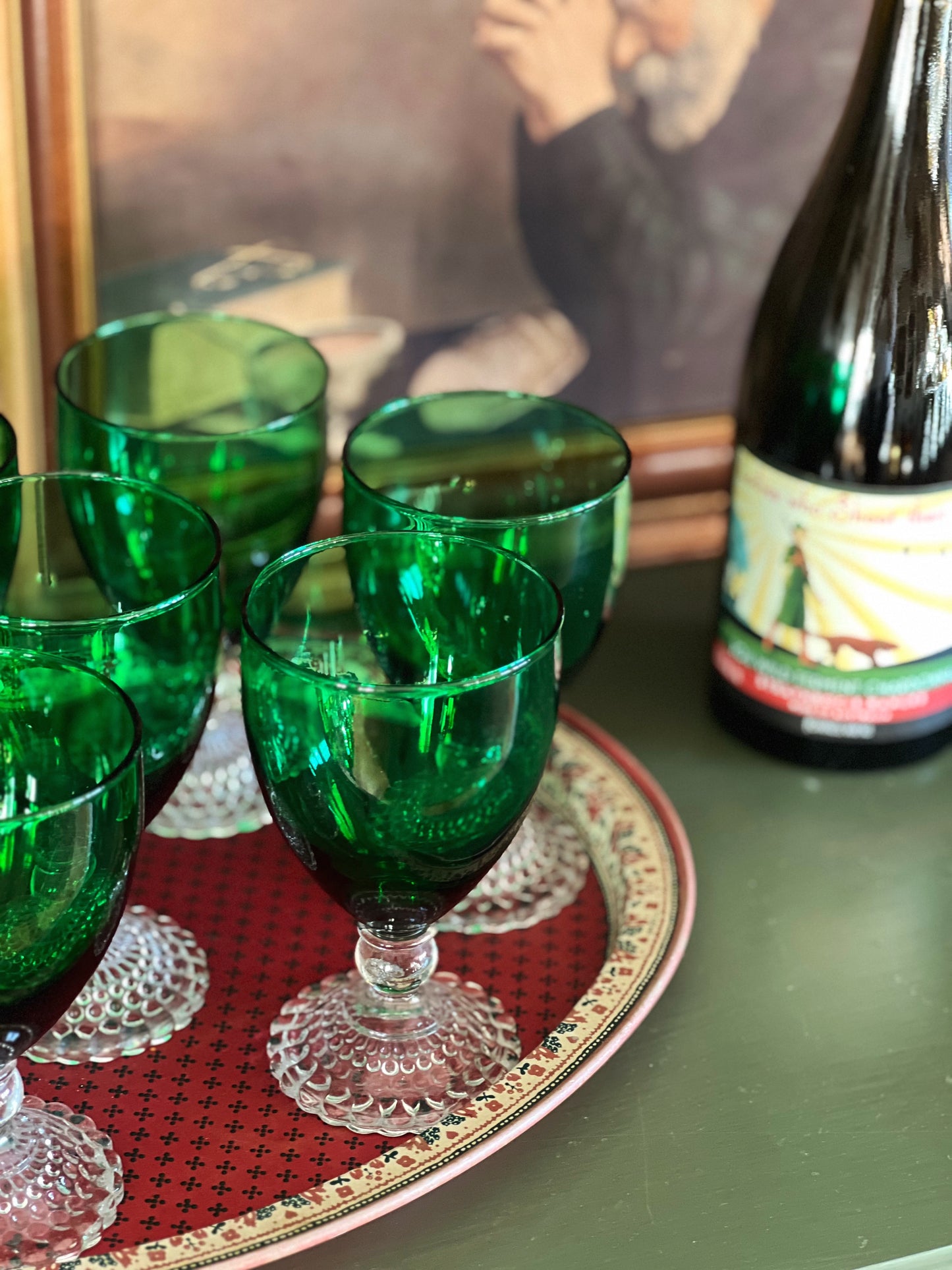 Vintage Green Crystal Wine Glasses with Clear Stem