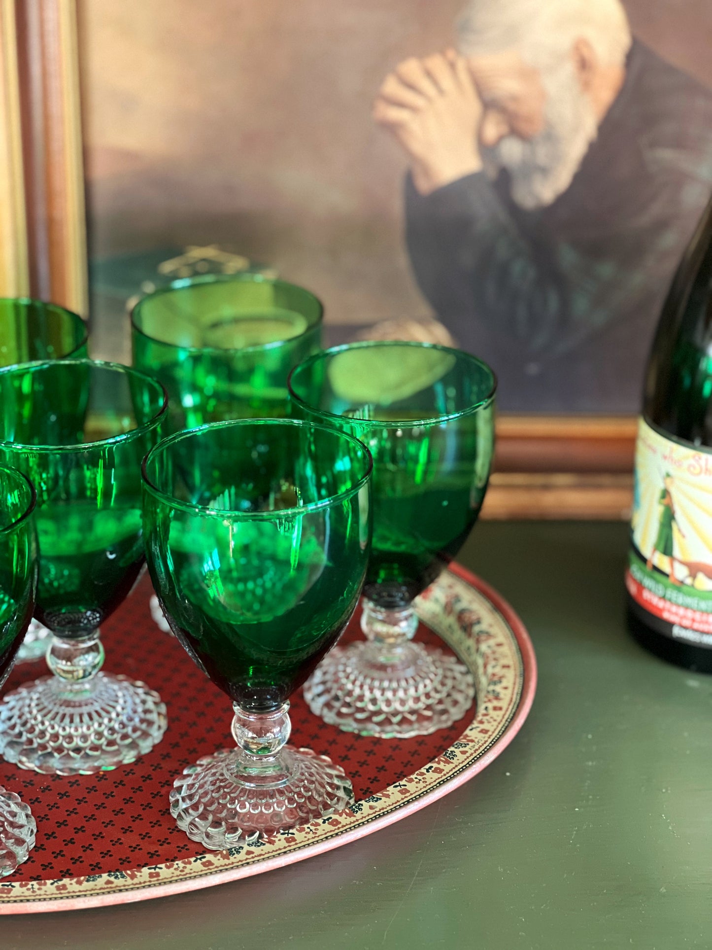 Vintage Green Crystal Wine Glasses with Clear Stem