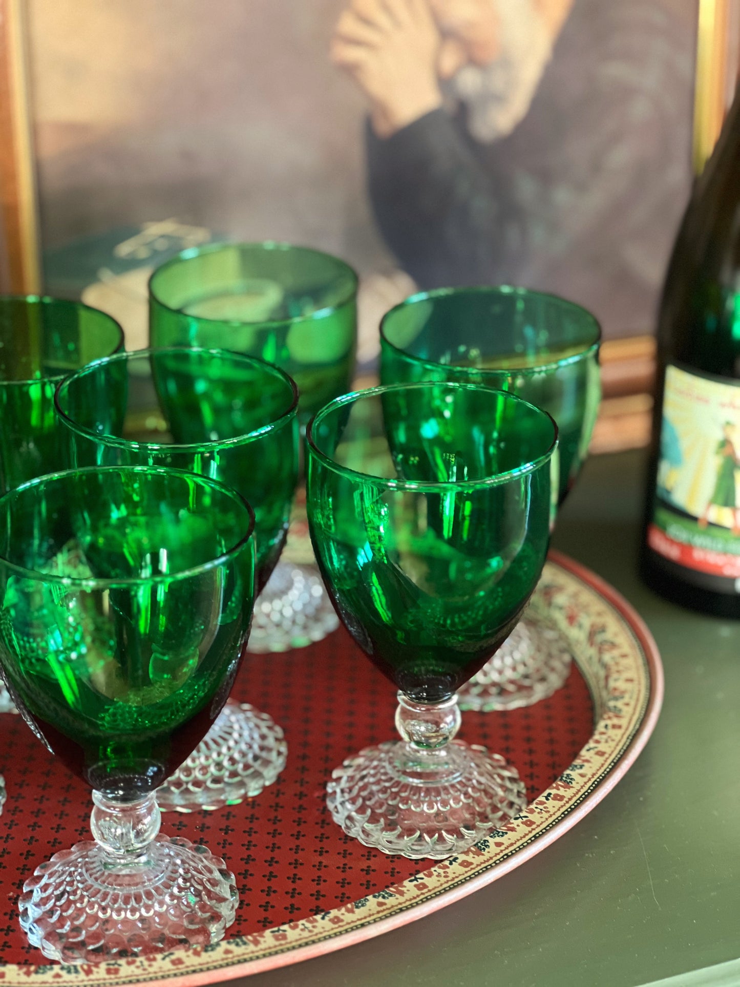 Vintage Green Crystal Wine Glasses with Clear Stem