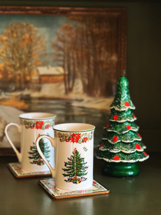 Spode Christmas mugs with matching coasters