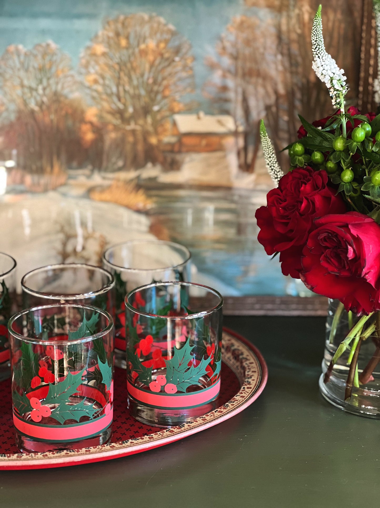 Vintage Set of 6 Christmas Holly & Ribbon Double Old Fashioned Glasses