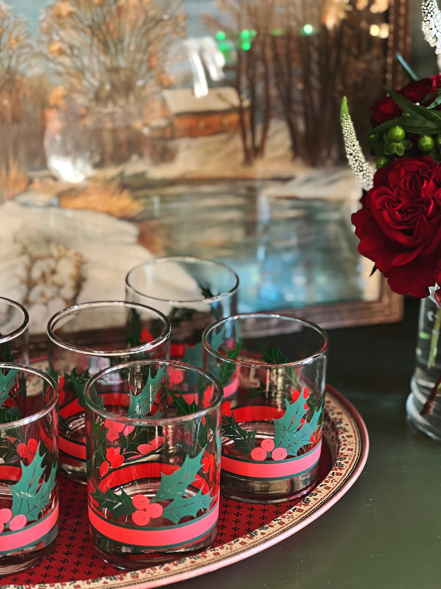 Vintage Set of 6 Christmas Holly & Ribbon Double Old Fashioned Glasses