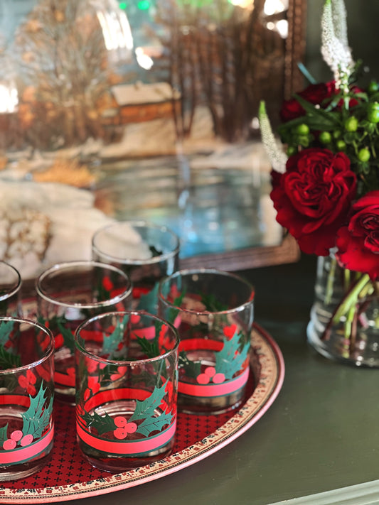 Vintage Set of 6 Christmas Holly & Ribbon Double Old Fashioned Glasses