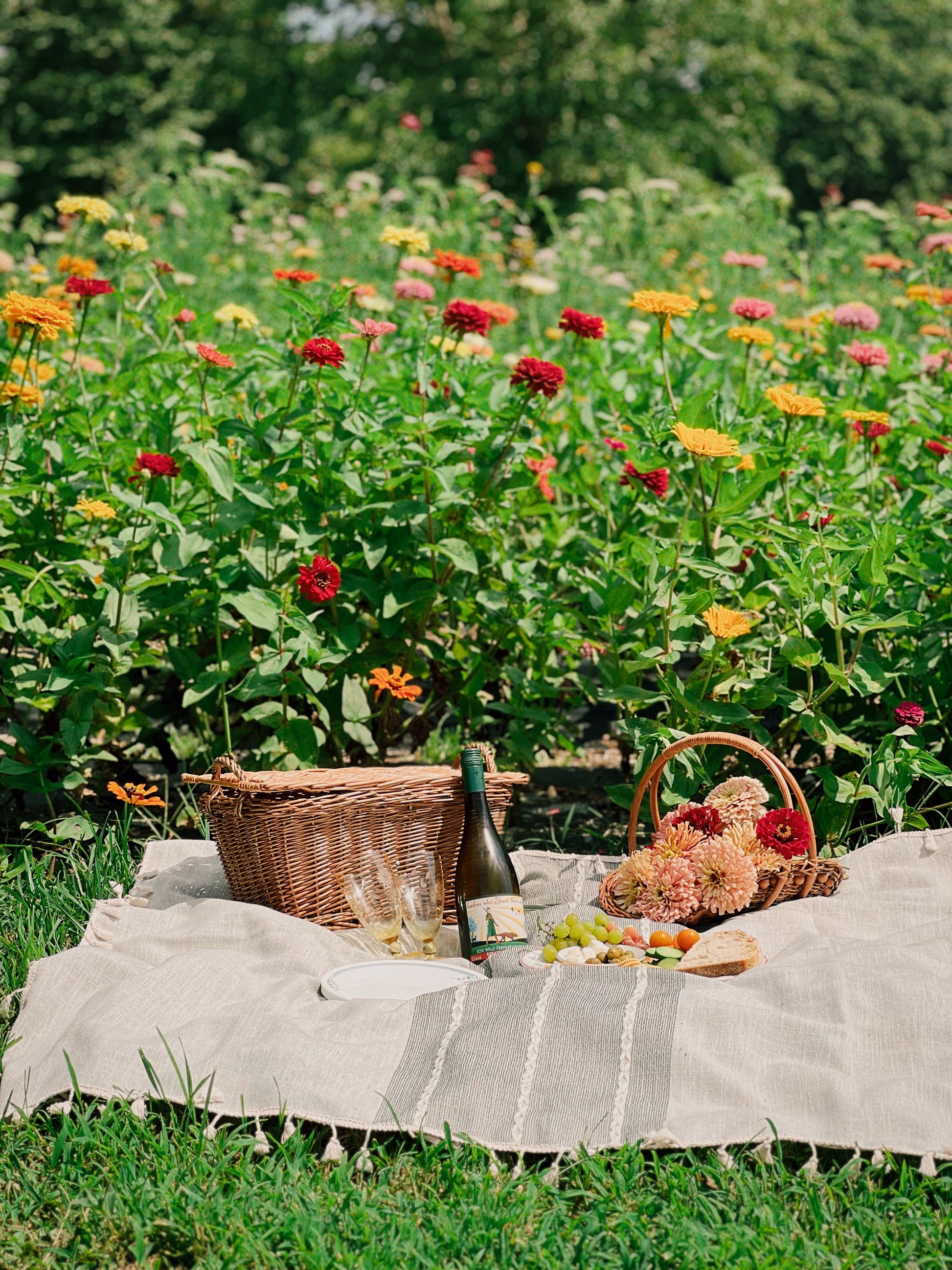 Picnic setup with a basket, wine bottle, and fruit on a blanket in a field of flowers.
