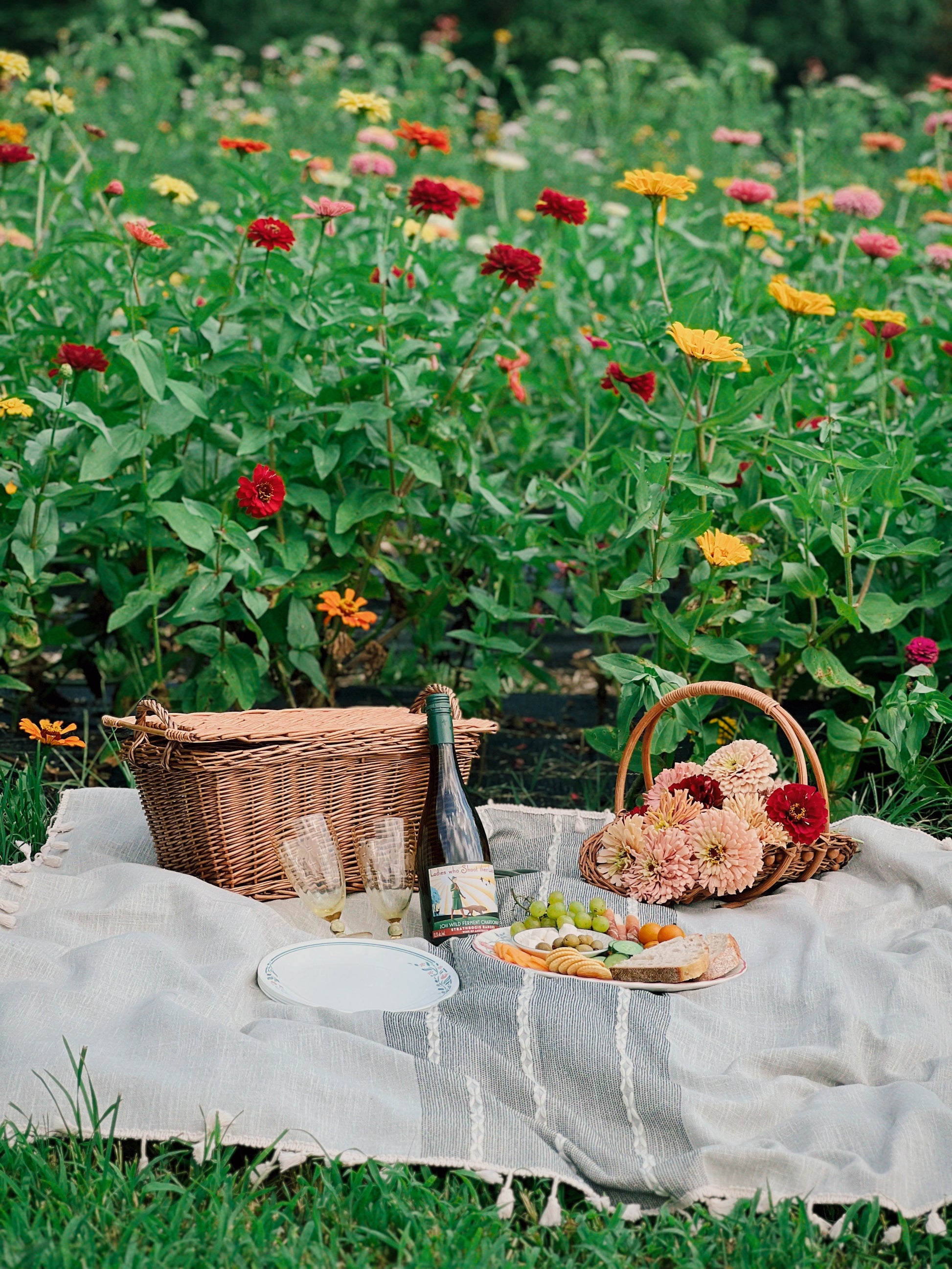 Picnic setup with a bottle of wine, plates, and flowers on a blanket in a garden.