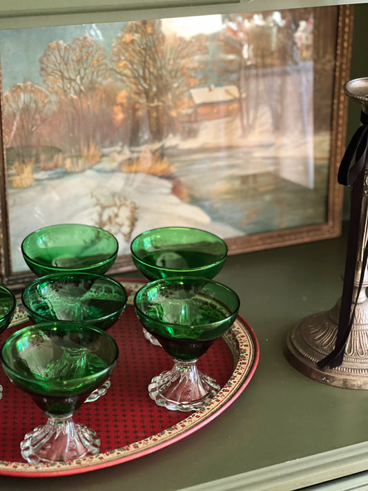 Vintage Green Crystal Champagne Coupe with Clear Stem