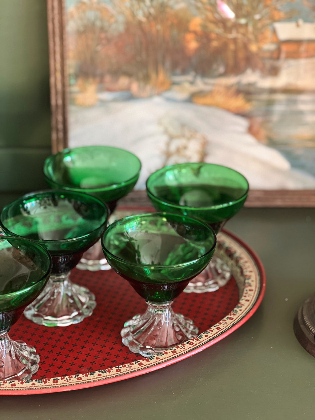 Vintage Green Crystal Champagne Coupe with Clear Stem